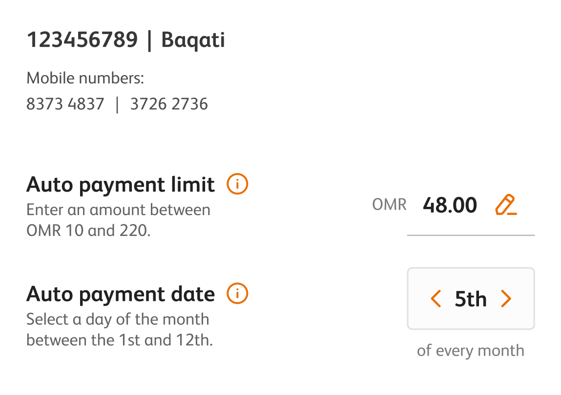 Autopay settings for one account: an auto payment limit of OMR 48.00 and a payment date of the 5th of every month.